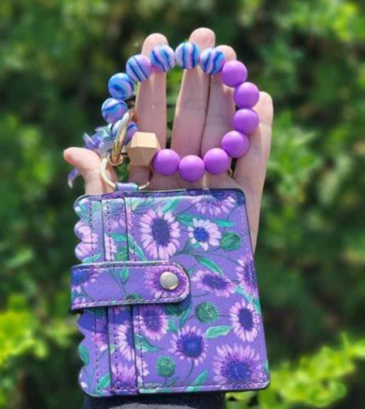 Silicone Bead Bangle Keychain Card Holder Bracelet, Purple Floral