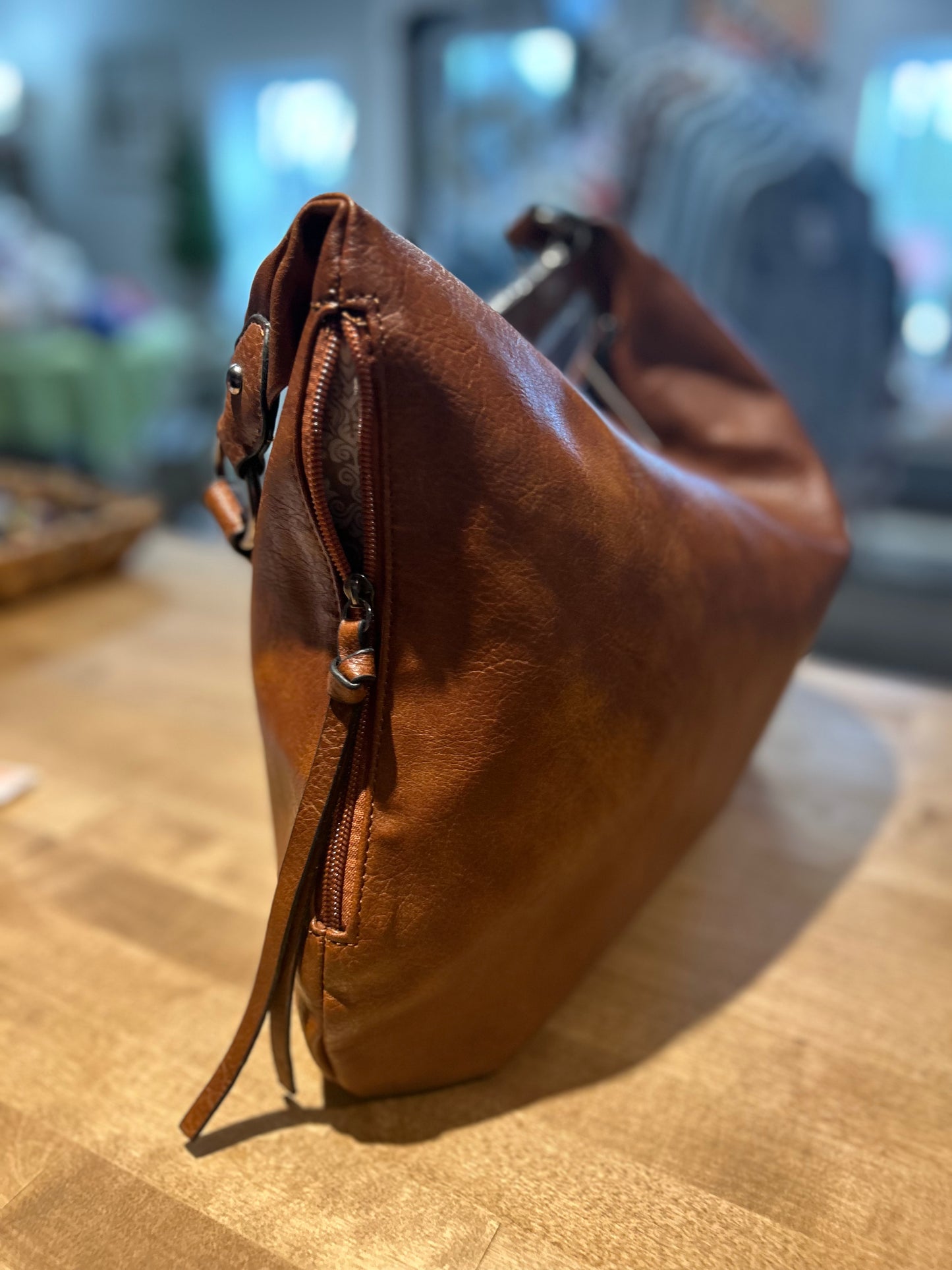 Brown Faux Leather End Zipper Pockets Purse