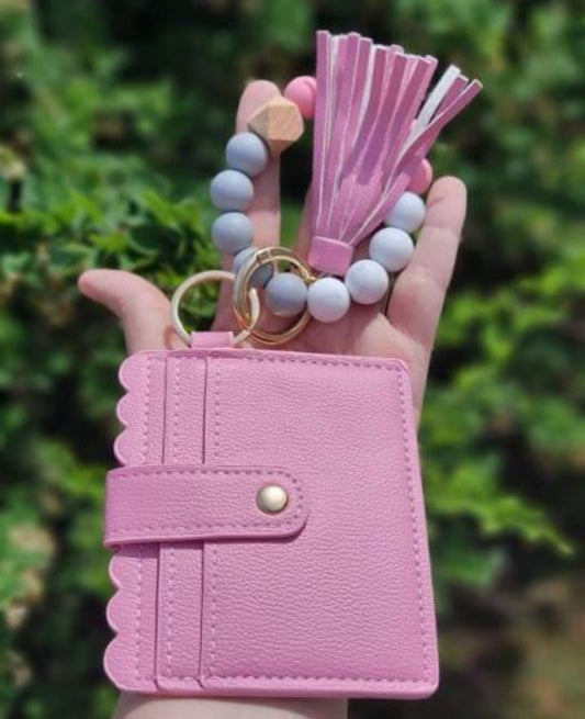 Silicone Bead Bangle Keychain Card Holder Bracelet, Pink