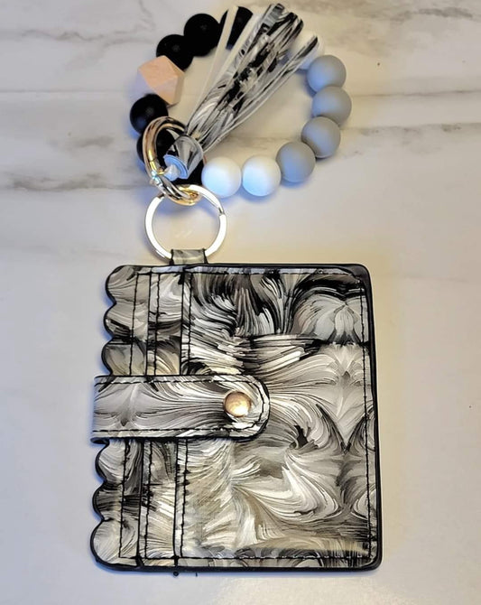 Silicone Bead Bangle Keychain Card Holder Bracelet, Black Marble