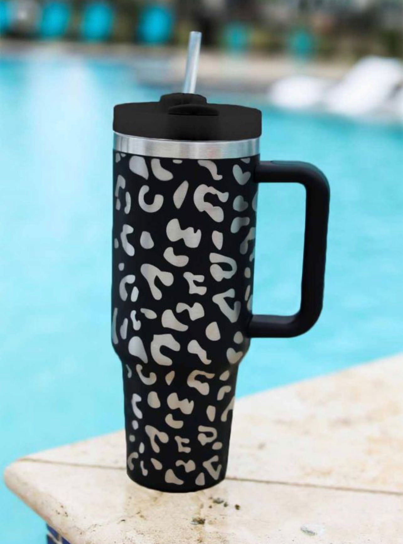 Print 40oz Stainless Steel Cup with Handle- Black Leopard