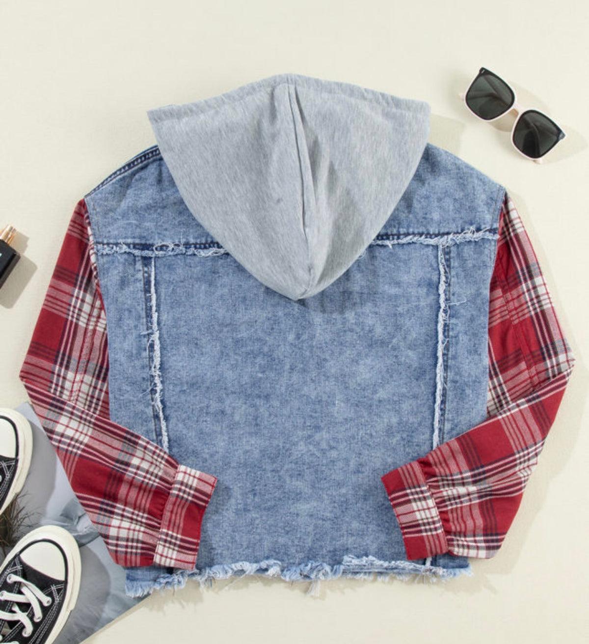 Plaid Patchwork Hoodie Denim Jacket