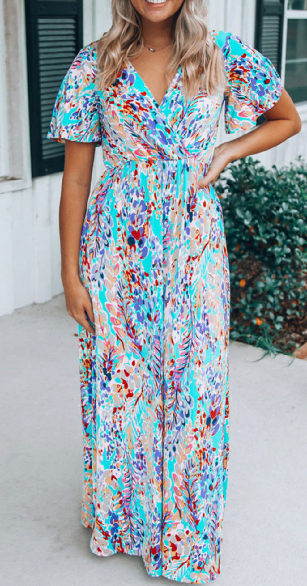Wrap V Neck Floral Maxi Dress Green / S / 100%Viscose