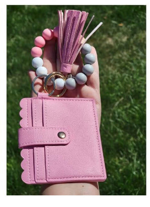 Silicone Bead Bangle Keychain Card Holder Bracelet, Light Pink