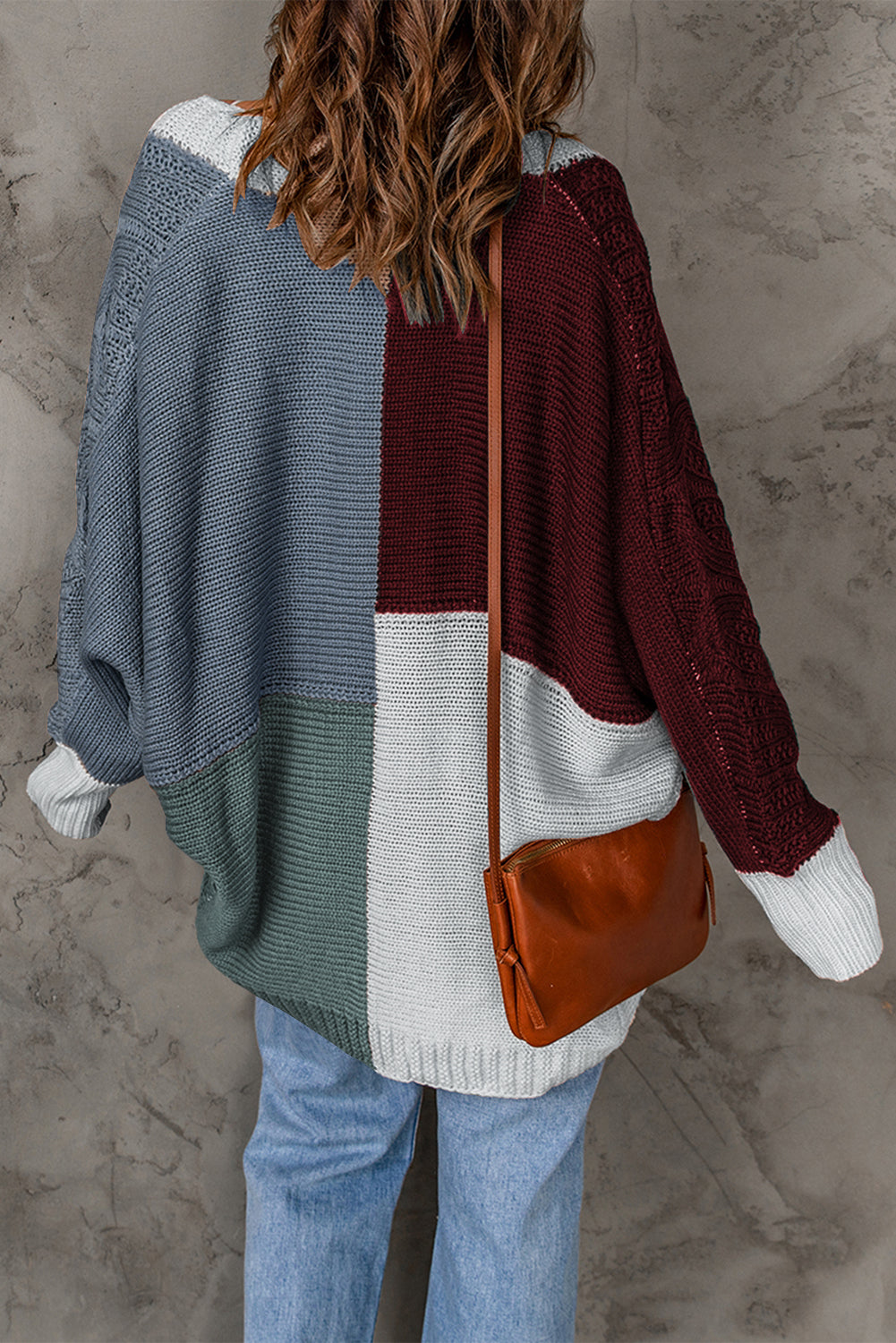 Color Block Loose Open Front Knitted Cardigan
