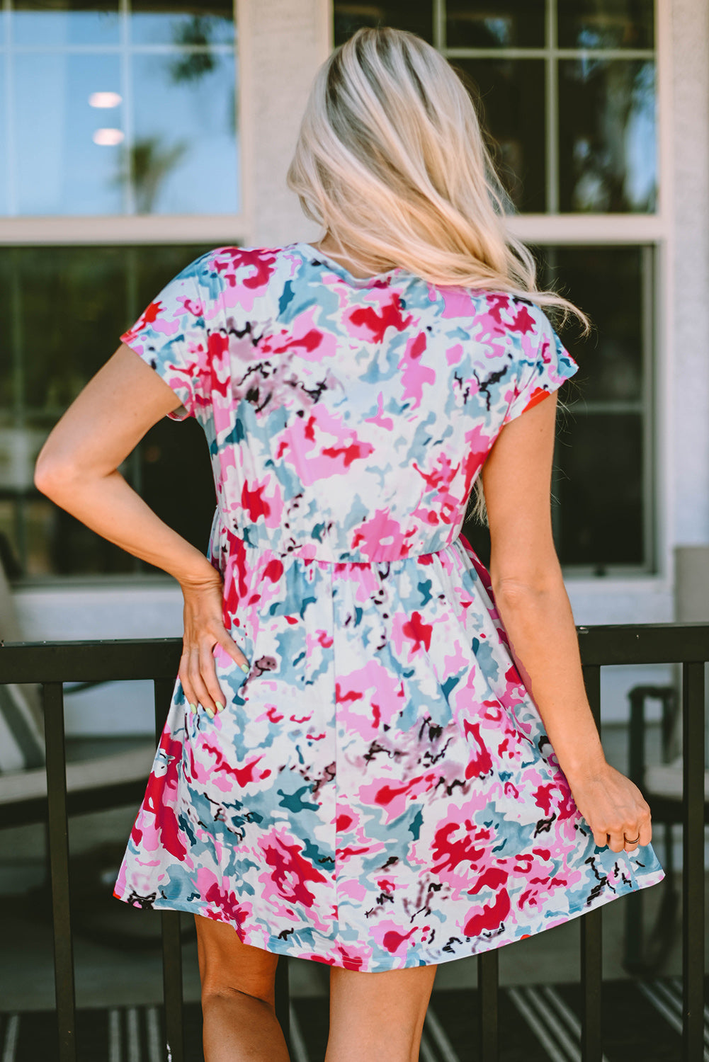 V Neck Short Sleeve Floral Dress