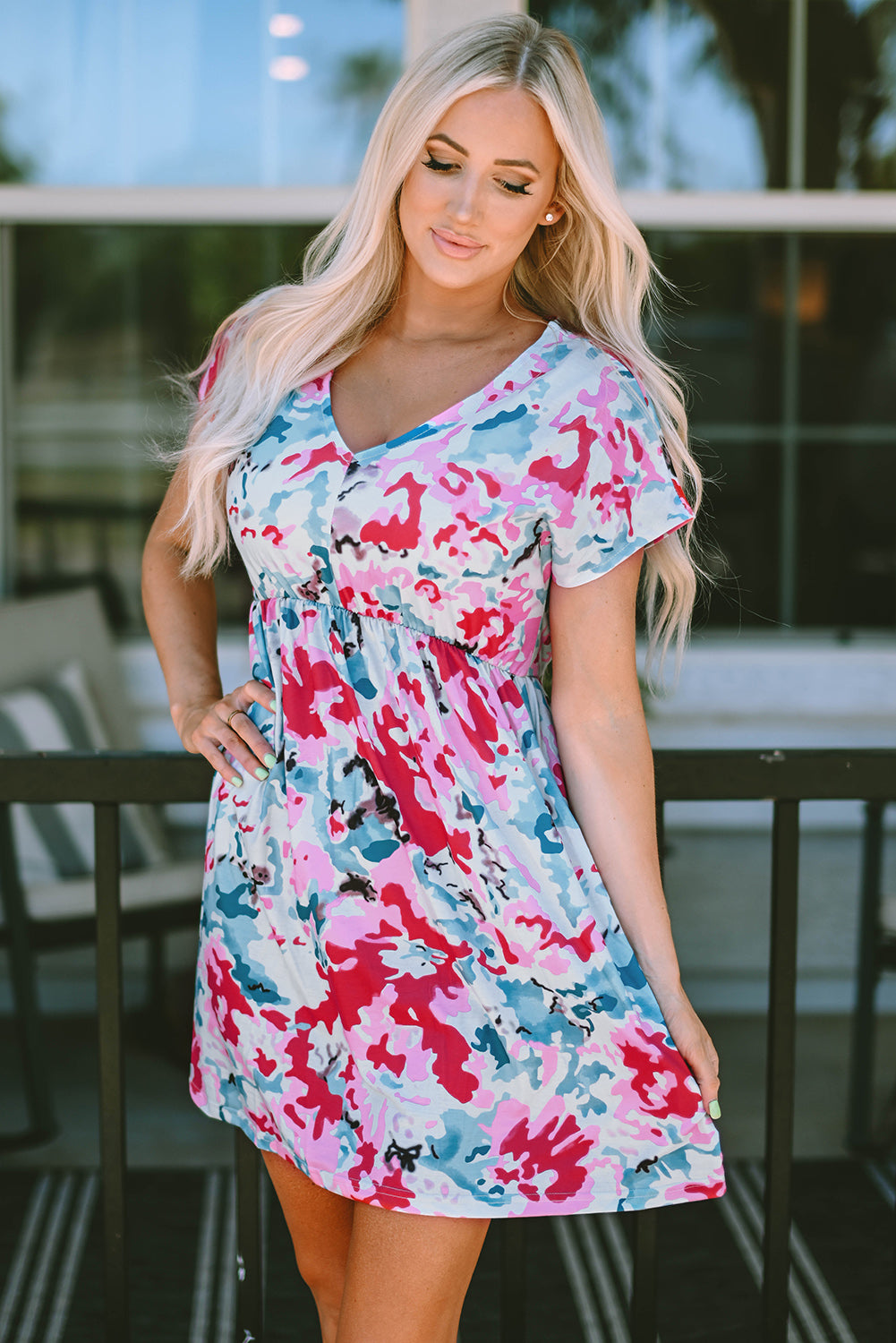 V Neck Short Sleeve Floral Dress