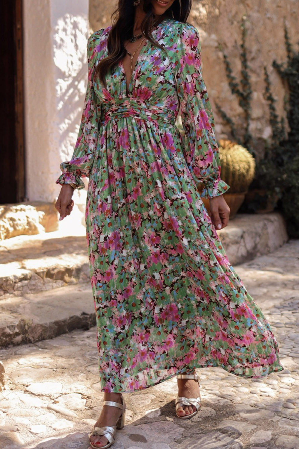 fitted lace wedding dress Green Floral Print Deep V Neck Ruched Cinched Waist Maxi Dress S