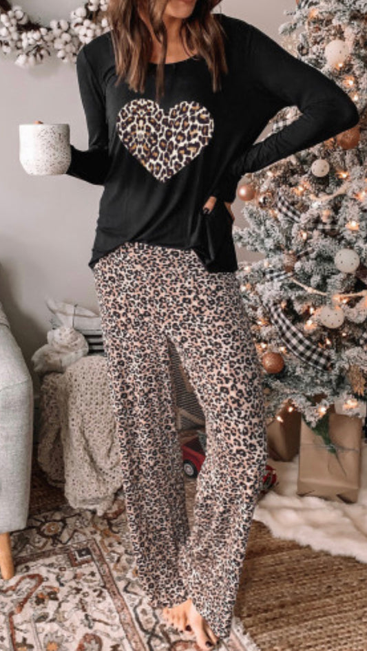 Leopard Heart Long Sleeve Top and Bottoms Loungewear