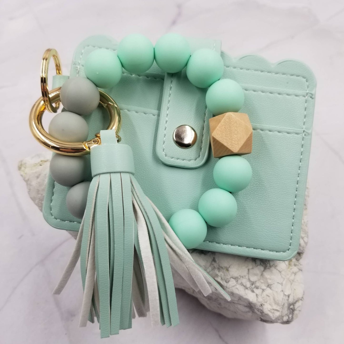 Silicone Bead Bangle Keychain Card Holder Bracelet, Green