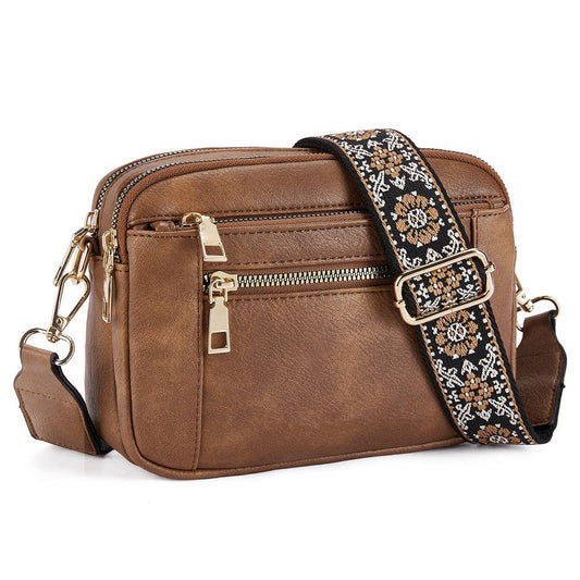 Embroidered Grid Color Blocked Retro Shoulder Bag: Brown / Medium