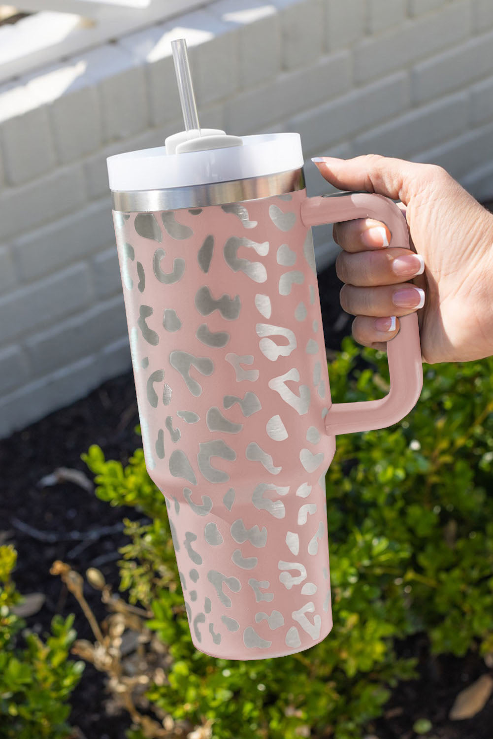 Print 40oz Stainless Steel Cup with Handle- Pink Leopard