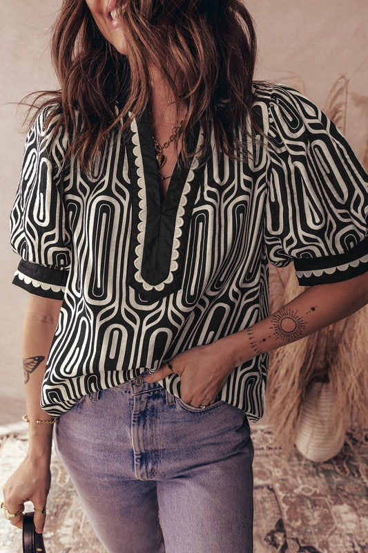 Black Geometric Scalloped Blouse January.