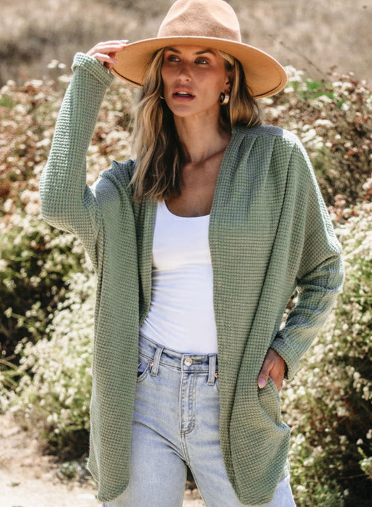 Green Waffle Knit Open Cardigan