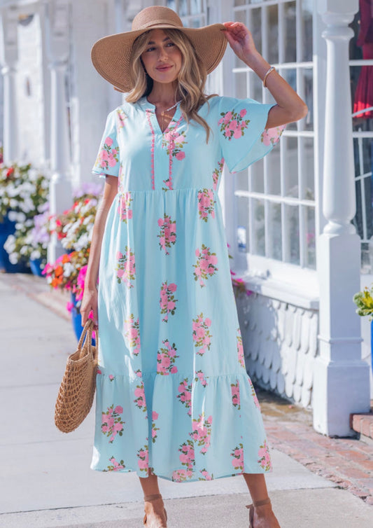 Light Blue/Pink Floral Maxi Dress