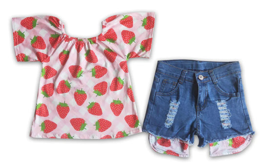 Strawberry Shirt & Demin Shorts Set