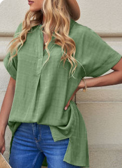Green Loose V Neck Short Sleeve