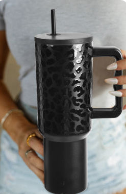 Print 40oz Stainless Steel Cup with Handle- Solid Black Leopard