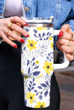 Print 40oz Stainless Steel Cup with Handle- Navy/Yellow Flower