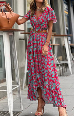 V Neck Flutter Sleeve Maxi Dress