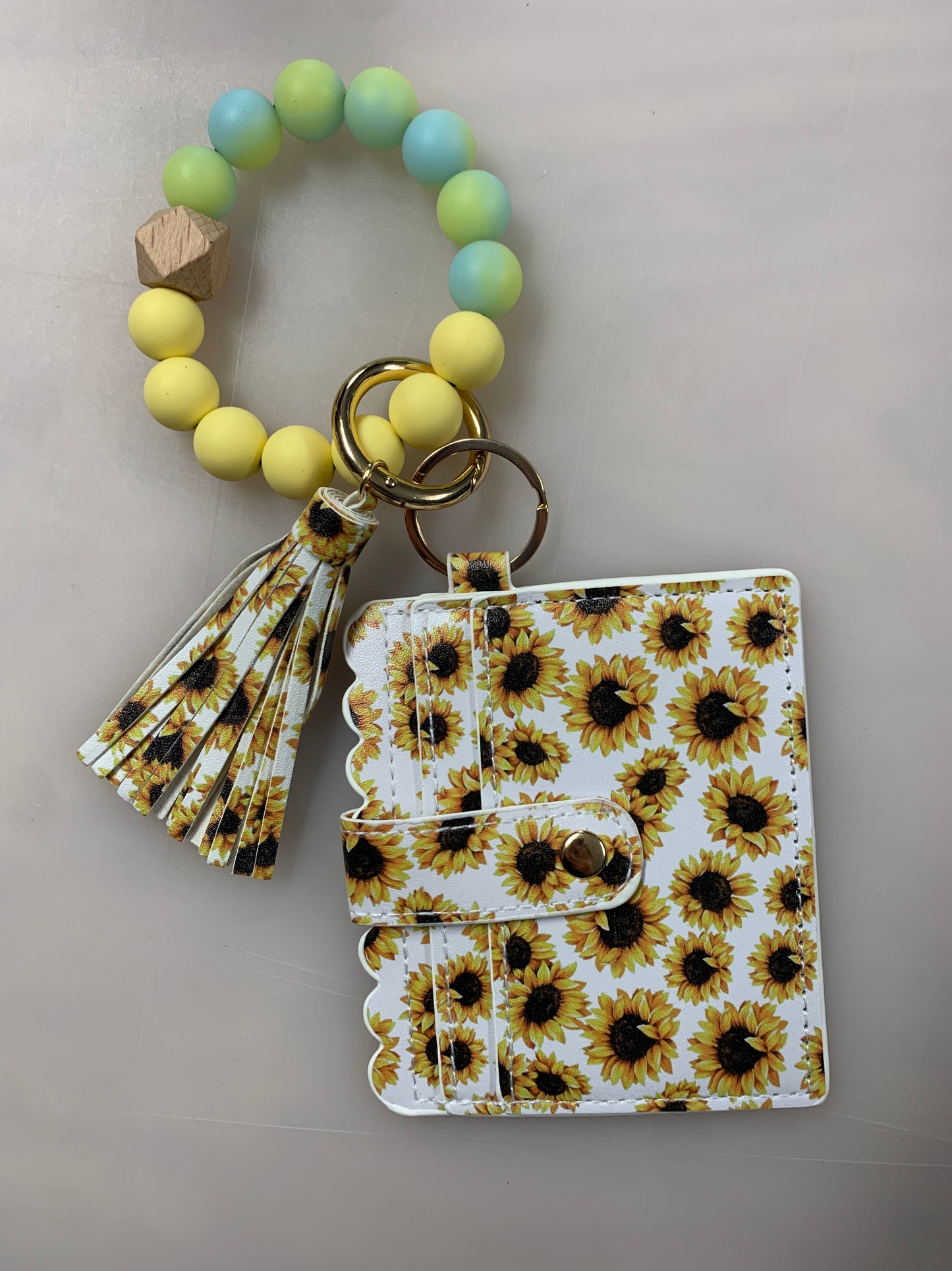 Silicone Bead Bangle Keychain Card Holder Bracelet, Sunflower