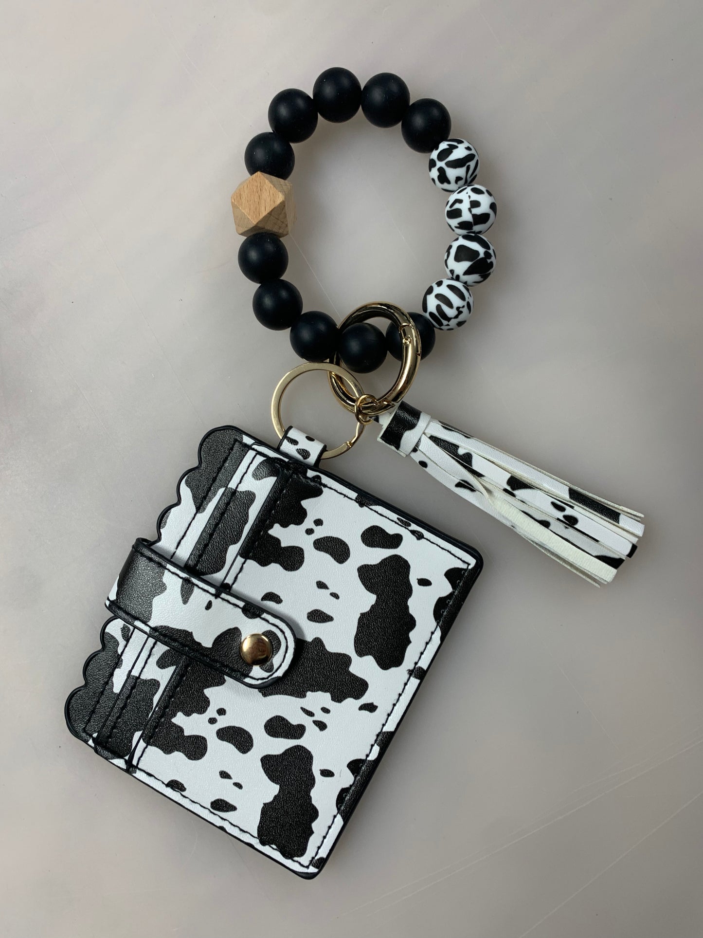 Silicone Bead Bangle Keychain Card Holder Bracelet, Cow Print
