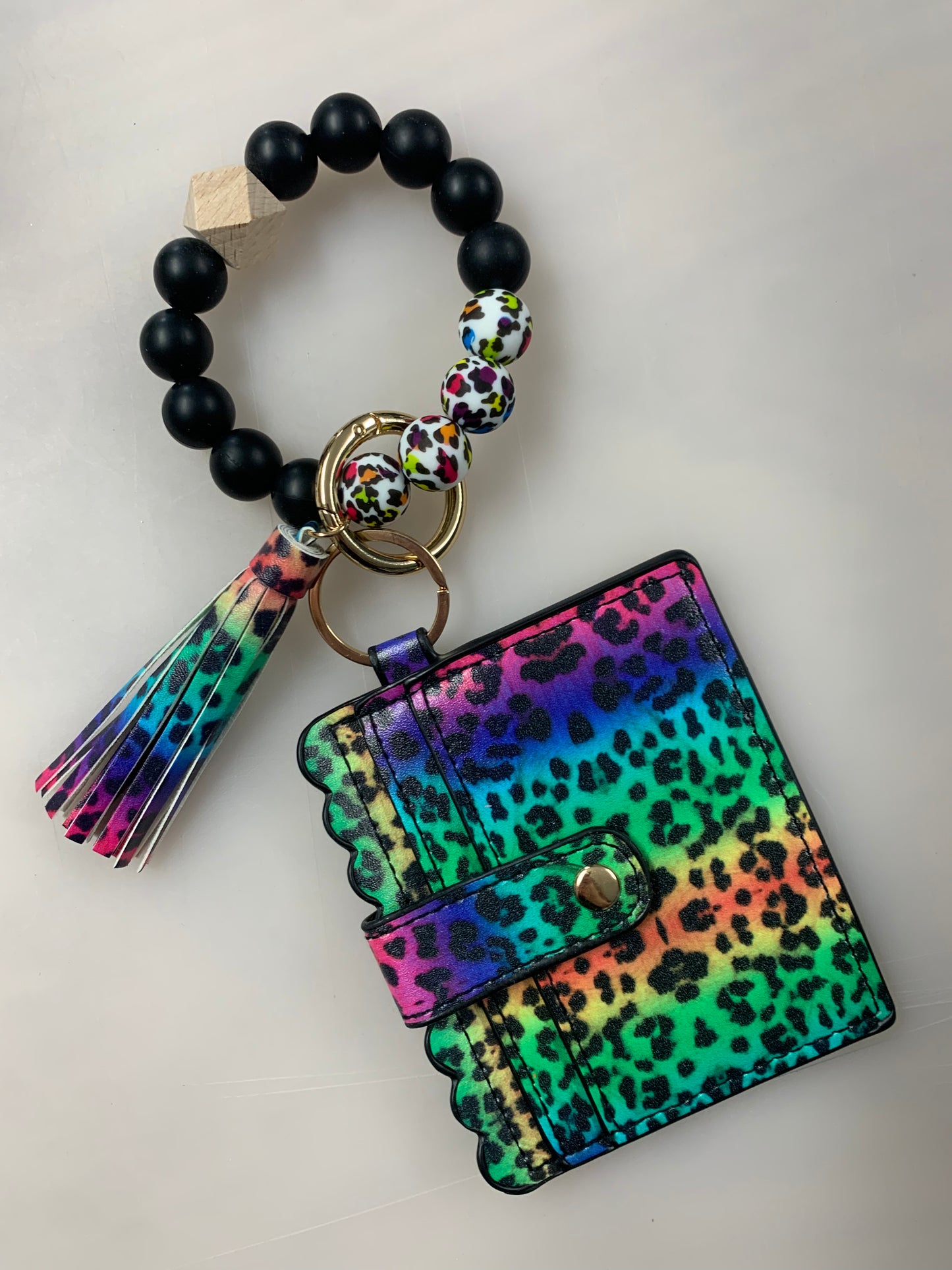 Silicone Bead Bangle Keychain Card Holder Bracelet, Rainbow Leopard