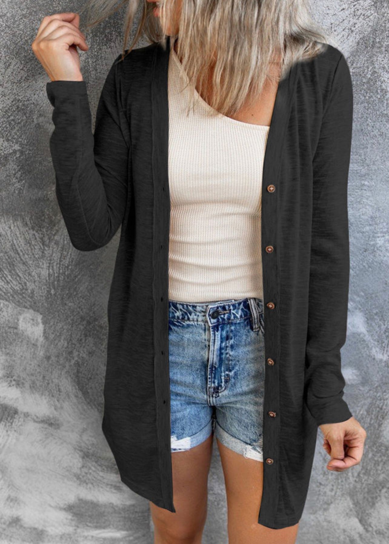 Black Open Front Button Cardigan