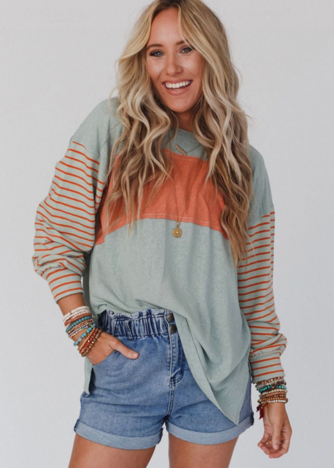 Green Colorblock Striped Sleeve Top