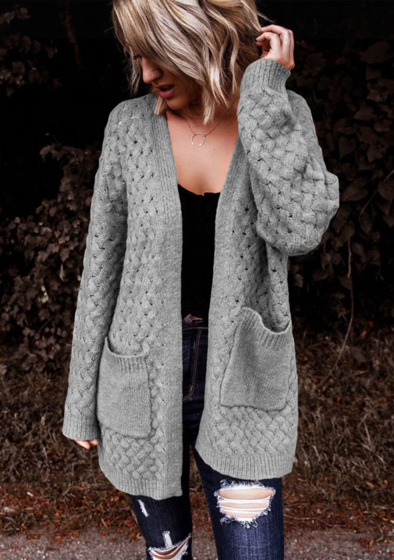 Open Front Woven Knitted Cardigan with Pockets
