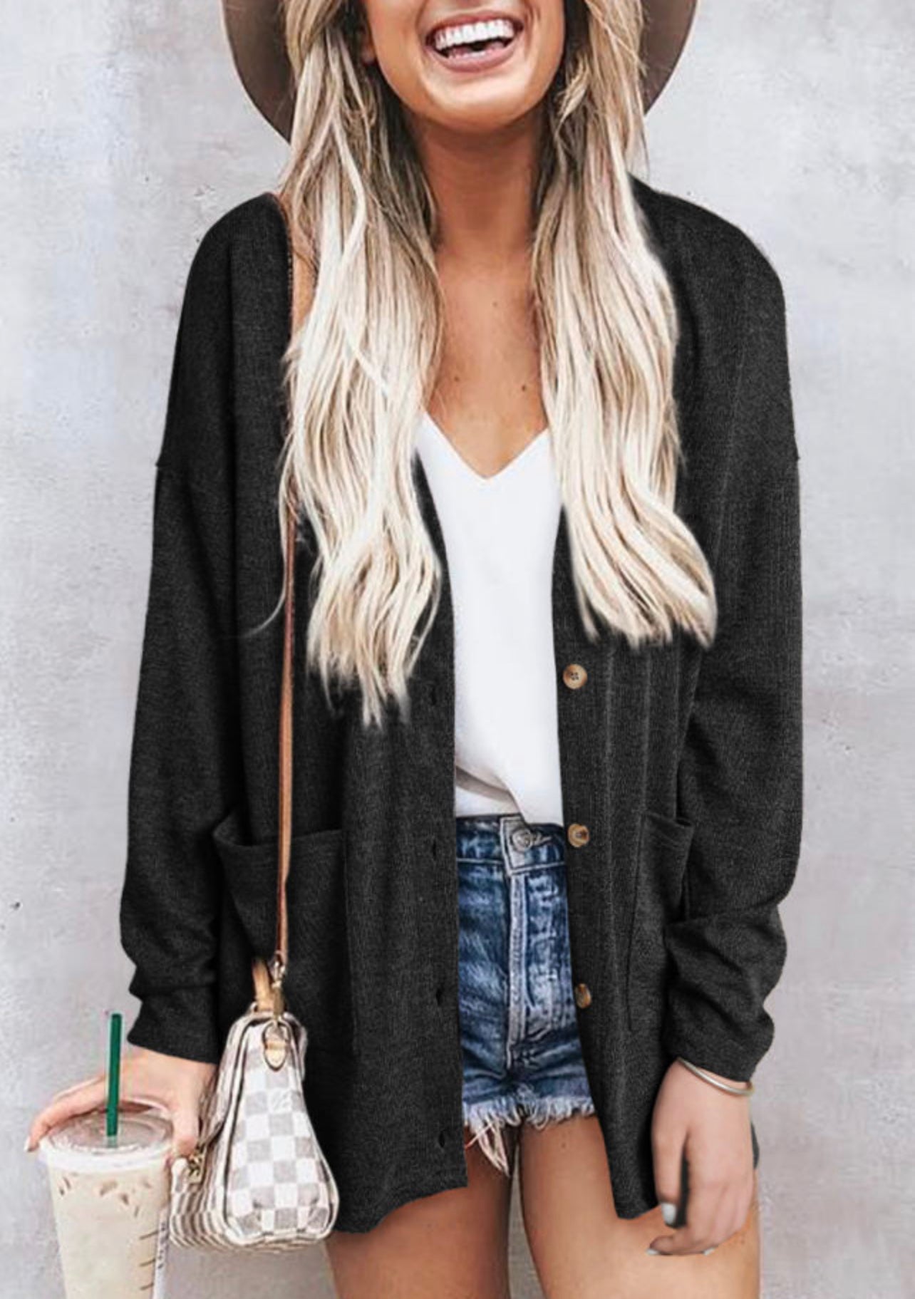 Black Heather Knit Button Cardigan with Pockets
