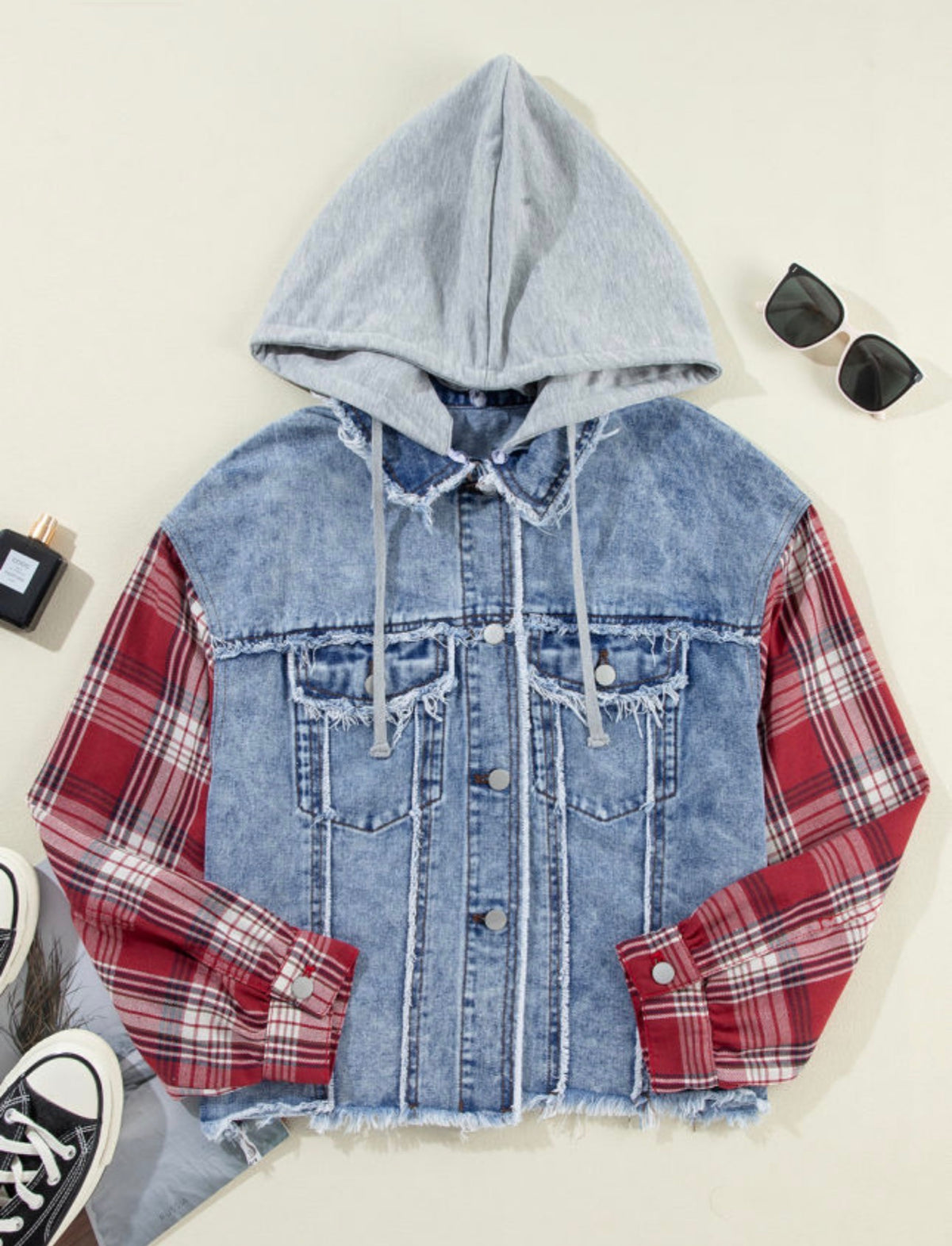 Plaid Patchwork Hoodie Denim Jacket