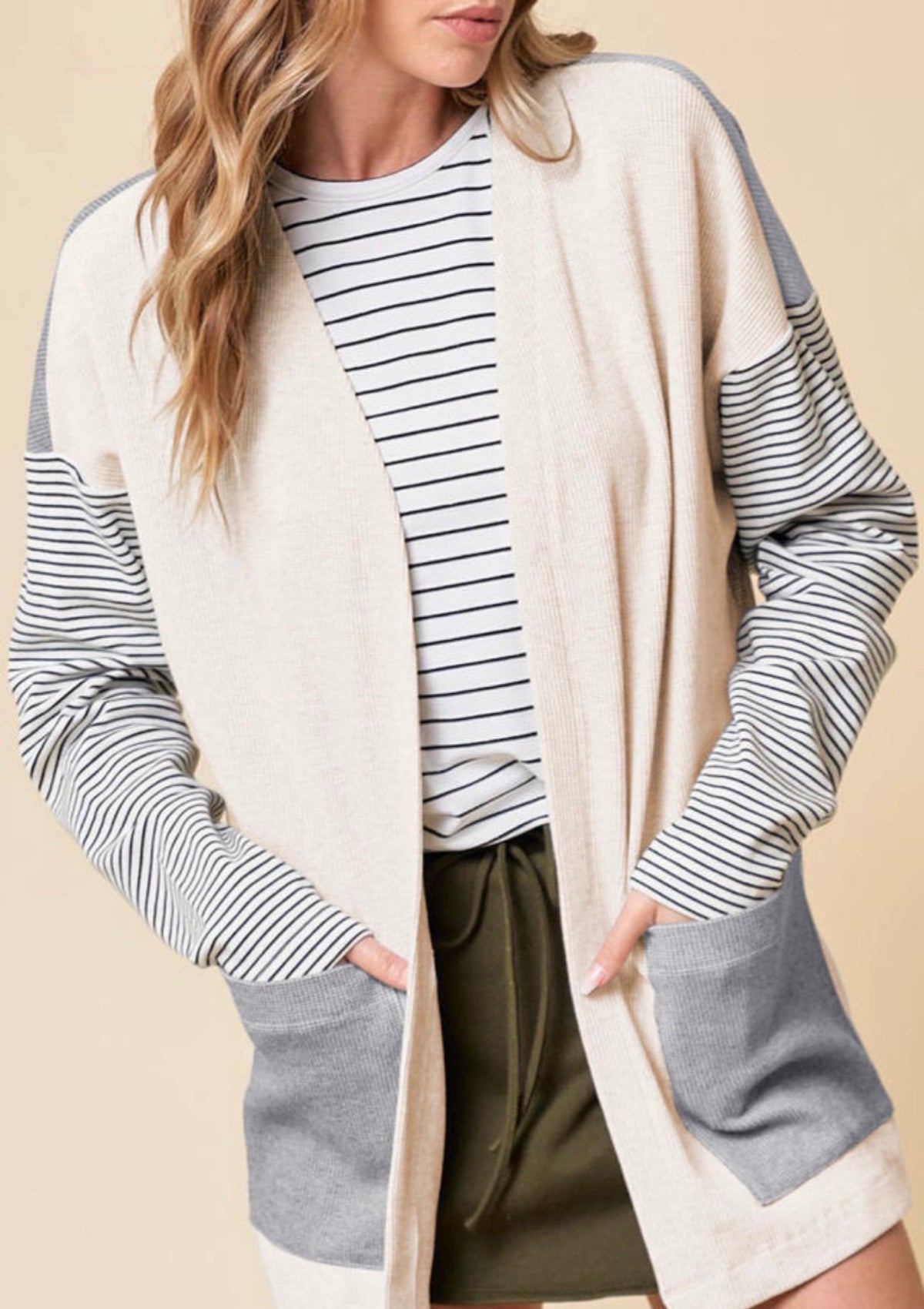 Black Stripe Colorblock Patchwork Open Cardigan