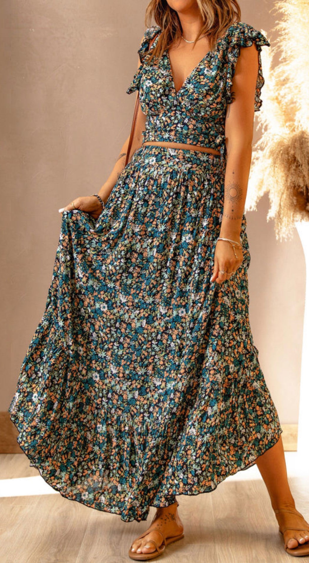 Floral Ruffled Top & Maxi Skirt Set