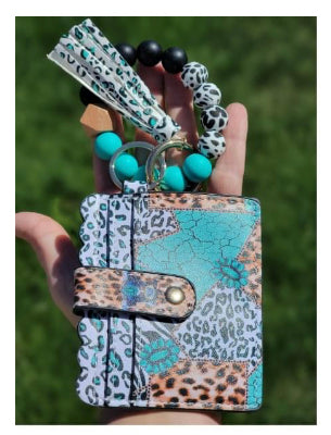 Silicone Bead Bangle Keychain Card Holder Bracelet, Teal Leopard