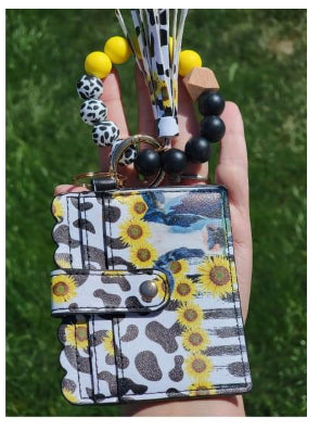 Silicone Bead Bangle Keychain Card Holder Bracelet, Sunflower Cow
