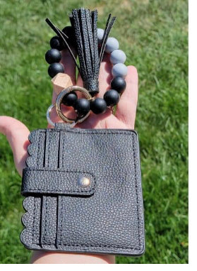 Silicone Bead Bangle Keychain Card Holder Bracelet, Black
