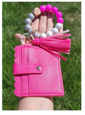 Silicone Bead Bangle Keychain Card Holder Bracelet, Dark Pink