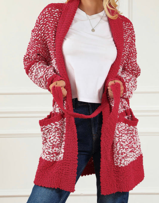 Belted Textured Cardigan, Red