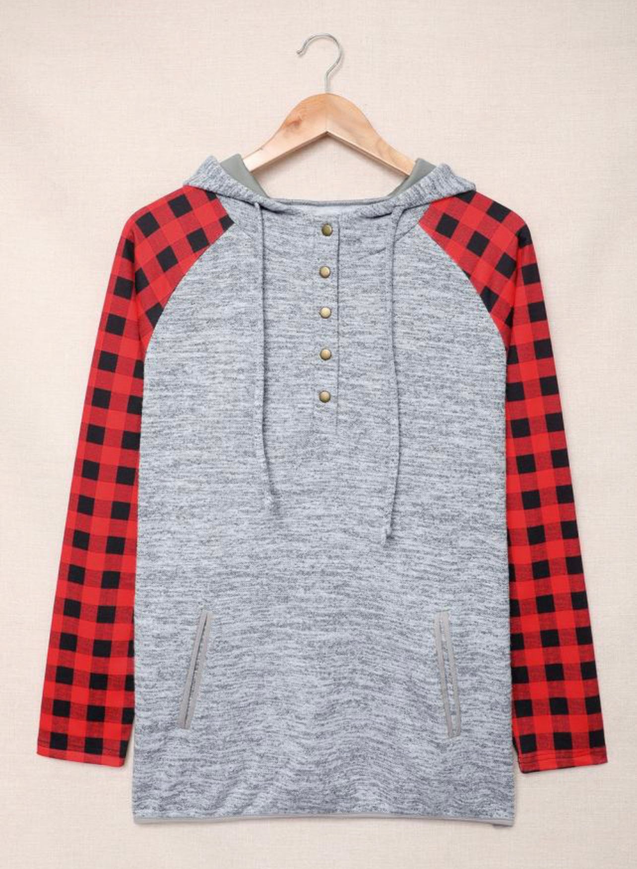 Red Plaid Buttoned Hoodie