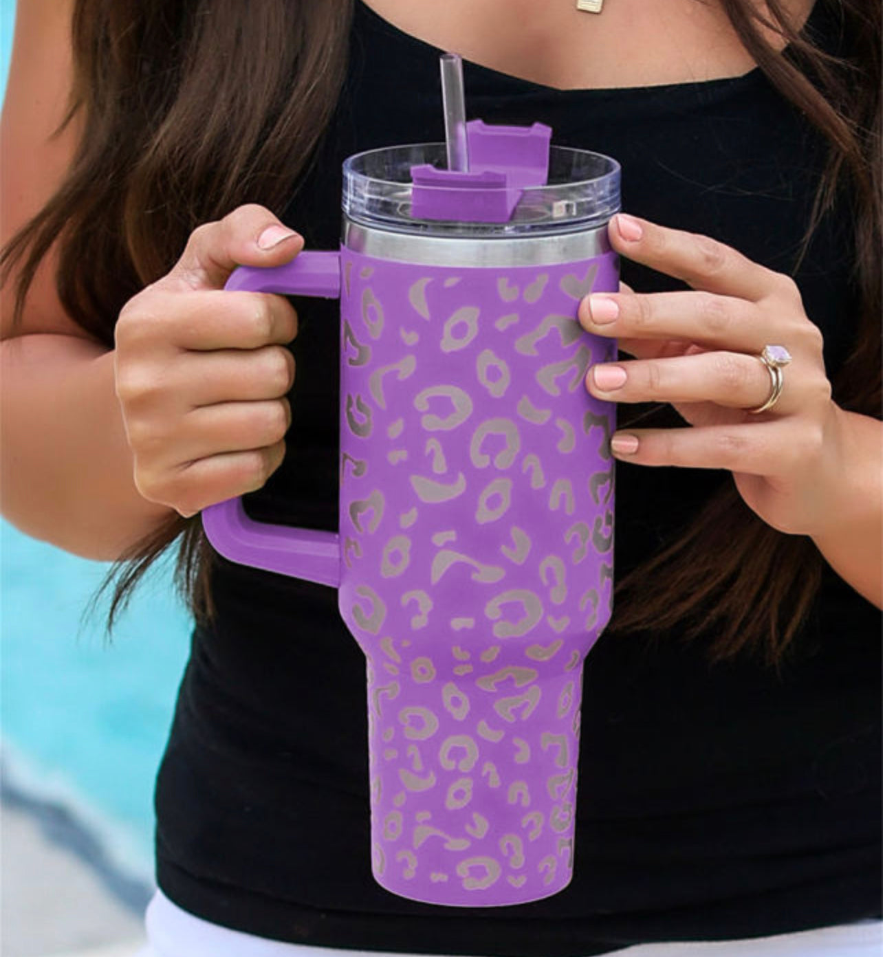 Print 40oz Stainless Steel Cup with Handle- Purple Leopard