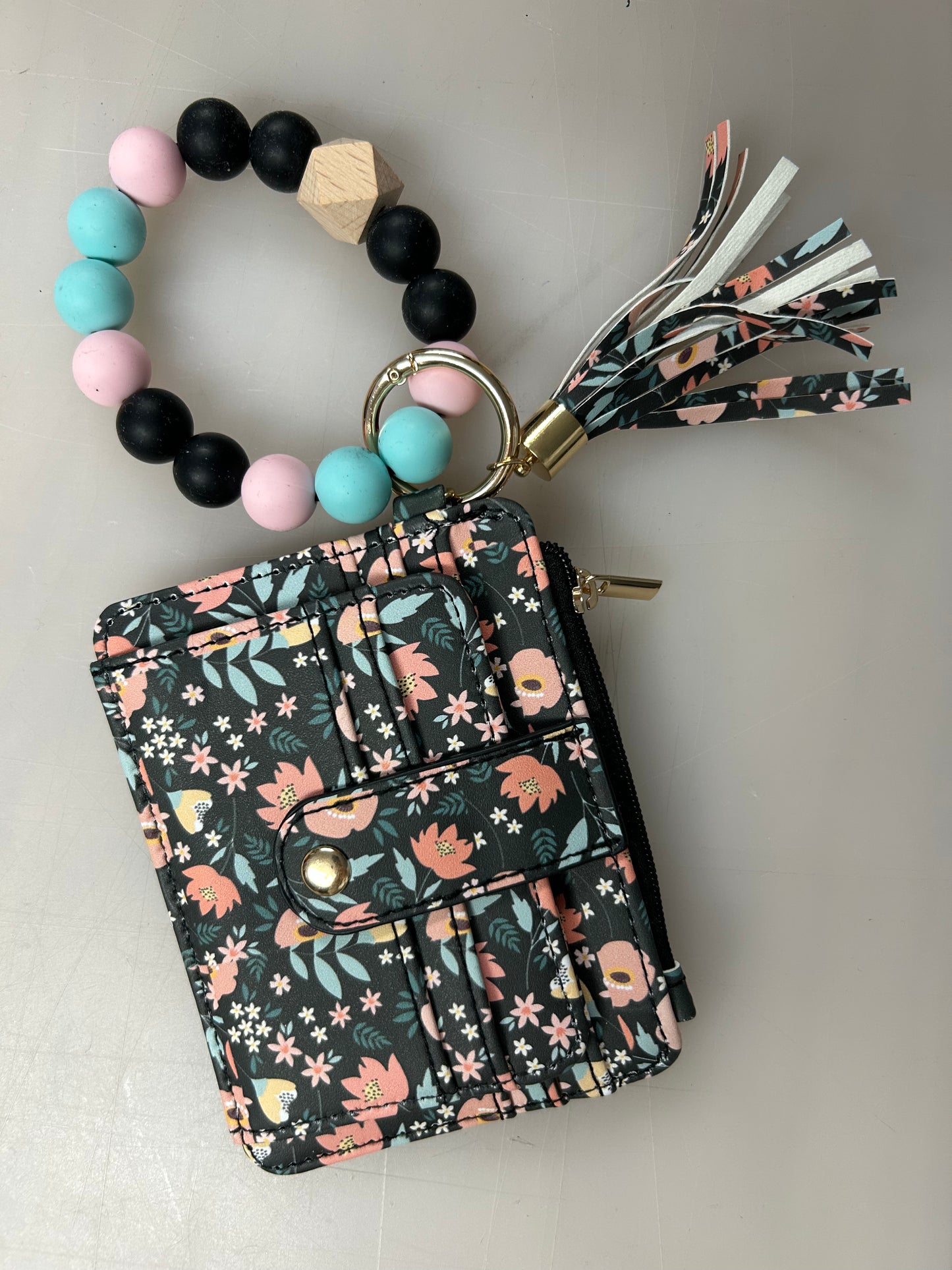 Silicone Bead Bangle Keychain Card Holder Bracelet, Black/Peach Floral