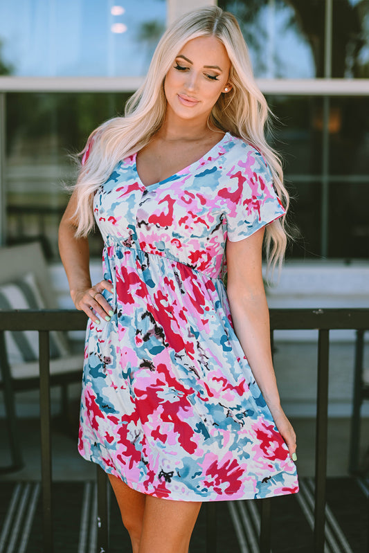 V Neck Short Sleeve Floral Dress