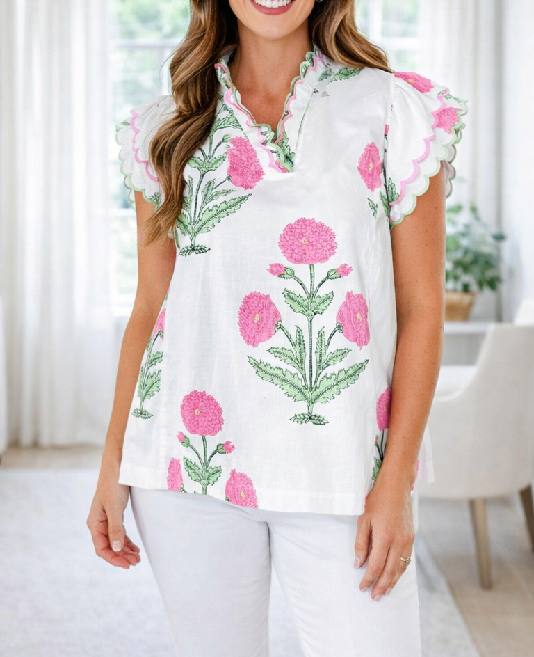 Pink Wild Flower Scallop Blouse January.