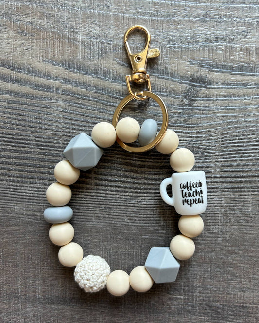 Grey Coffee Teach Repeat Silicone Bead Wristlet Keychain