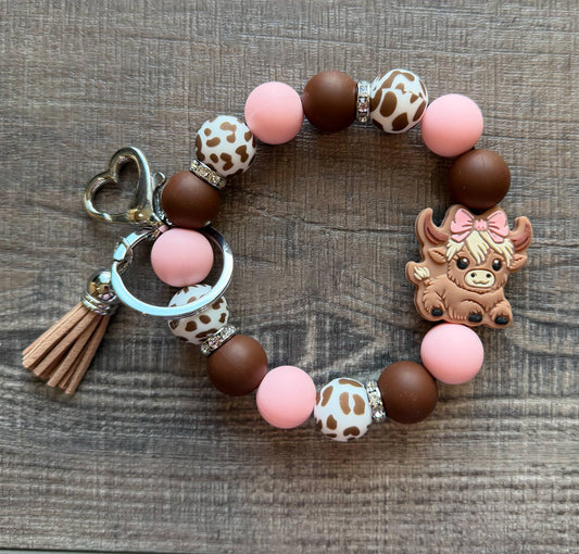Cute Shaggy Cow Western Wristlet Keychain