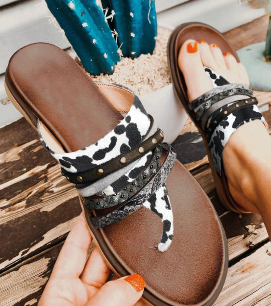 Animal leather flip store flops