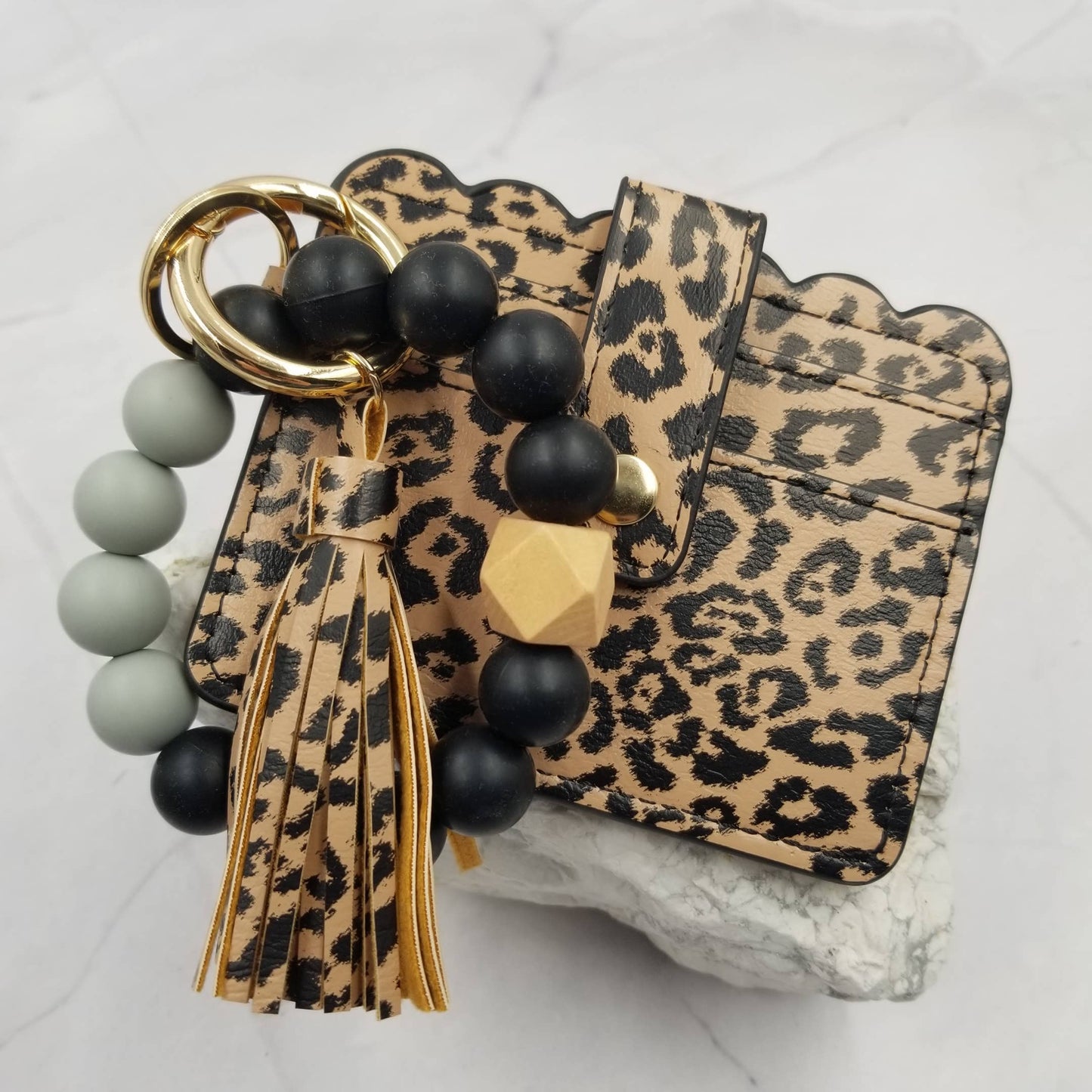 Silicone Bead Bangle Keychain Card Holder Bracelet, Leopard