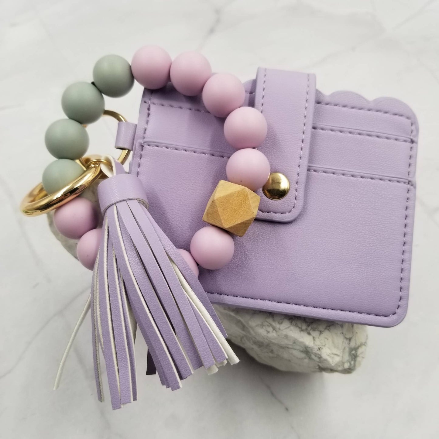 Silicone Bead Bangle Keychain Card Holder Bracelet, Purple