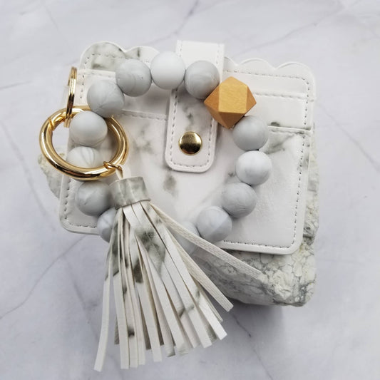 Silicone Bead Bangle Keychain Card Holder Bracelet, White